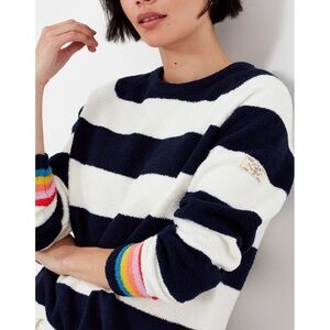 JOULES
Seaport Womens Chenille Jumper - Cream Navy Stripe  Rainbow Cuffs Size 6